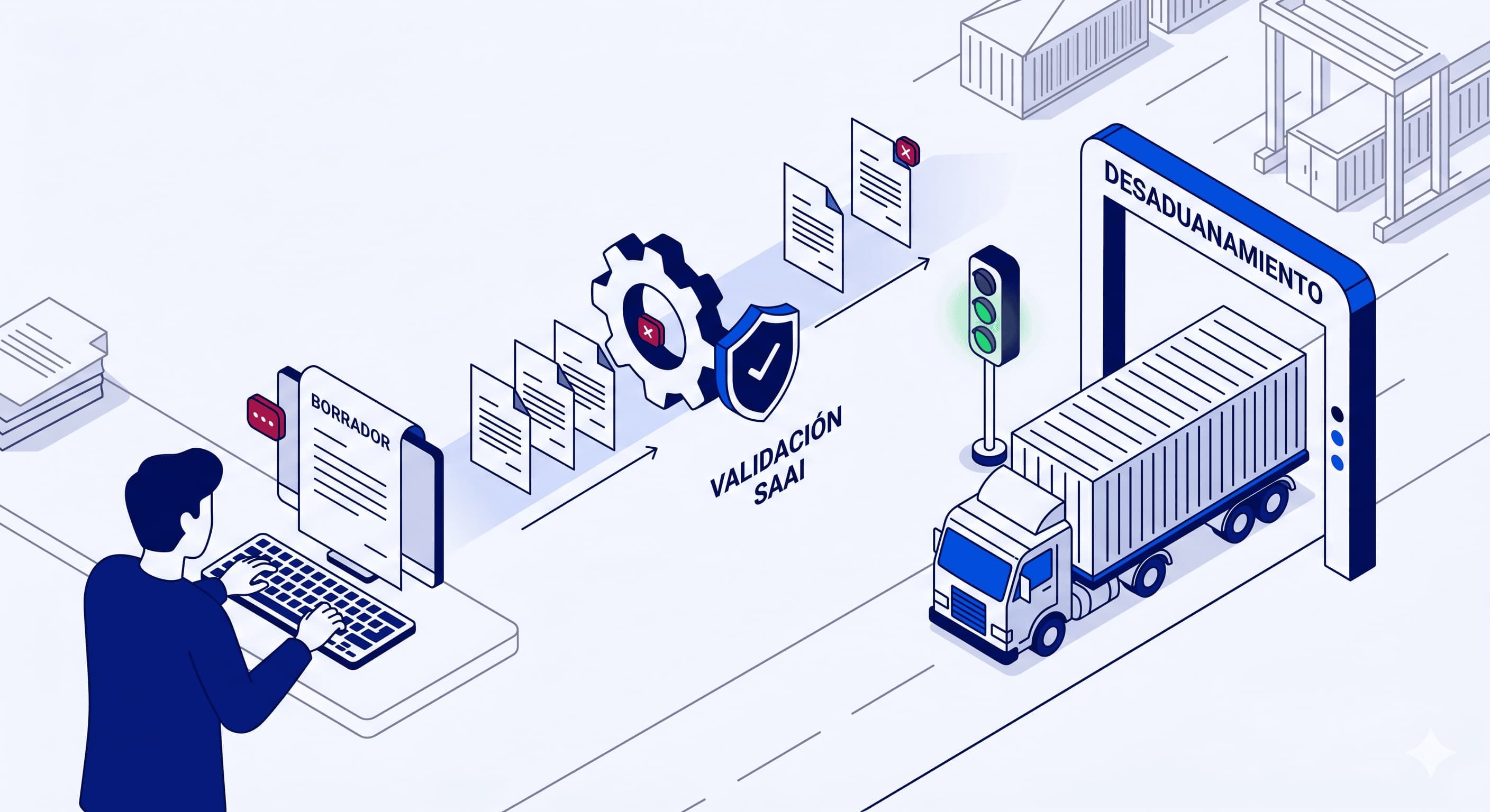 Ilustracion del ciclo de un pedimento: borrador en laptop, validacion SAAI y desaduanamiento de un camion